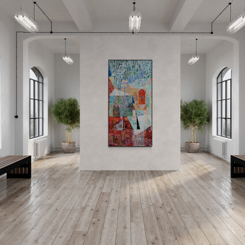 Sunil Yadav's painting 'Natures Of Elements (A Tapestry of Stories II)' displayed in a modern living room setting