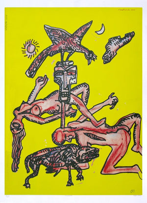 Nautanki by Jogen Chowdhury, Serigraph Serigraphs Contemporary Painting on Paper, X-Large Vertical Wall Art