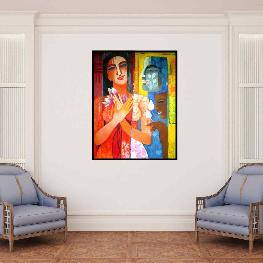In-situ view of Chaitali Mukherjee's 'Nautanki Series 8 (Three Graces)' painting in a room