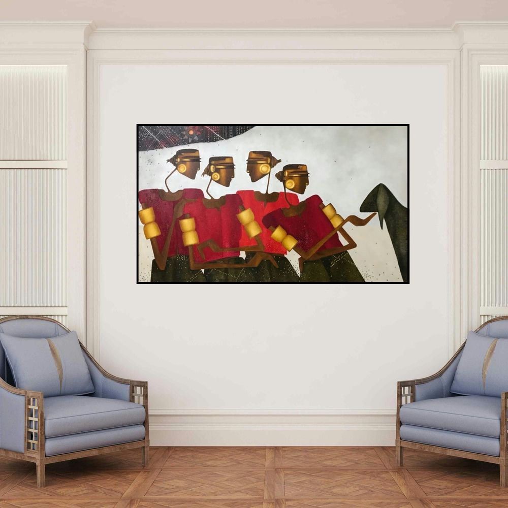 'Navratri (Tribal Gathering)' painting by Bharti Prajapati shown on a wall in a furnished room.