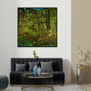 Upendra Nayak's 'Nayak (Urban Harbor)' painting visualized above a sofa in a contemporary room.