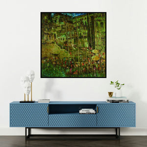 'Nayak (Urban Harbor)' painting by Upendra Nayak shown on a wall in a furnished room.