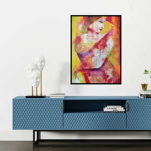'The Nayika (Cosmic Connection**)' painting by Madan Lal shown on a wall in a furnished room.
