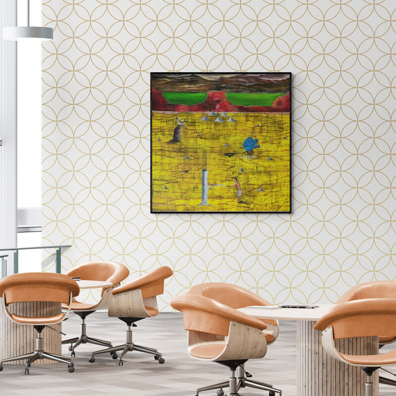 Preview of 'Nearing Extinction (Cultivated Abstraction)' Painting by Ashish Kushwaha shown on a wall in a furnished room.