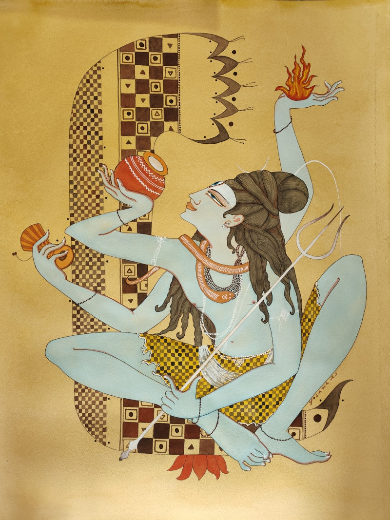 Neelkanth' religious mixed-media painting by artist Yojana Dehankar, 30x22 inch, on paper