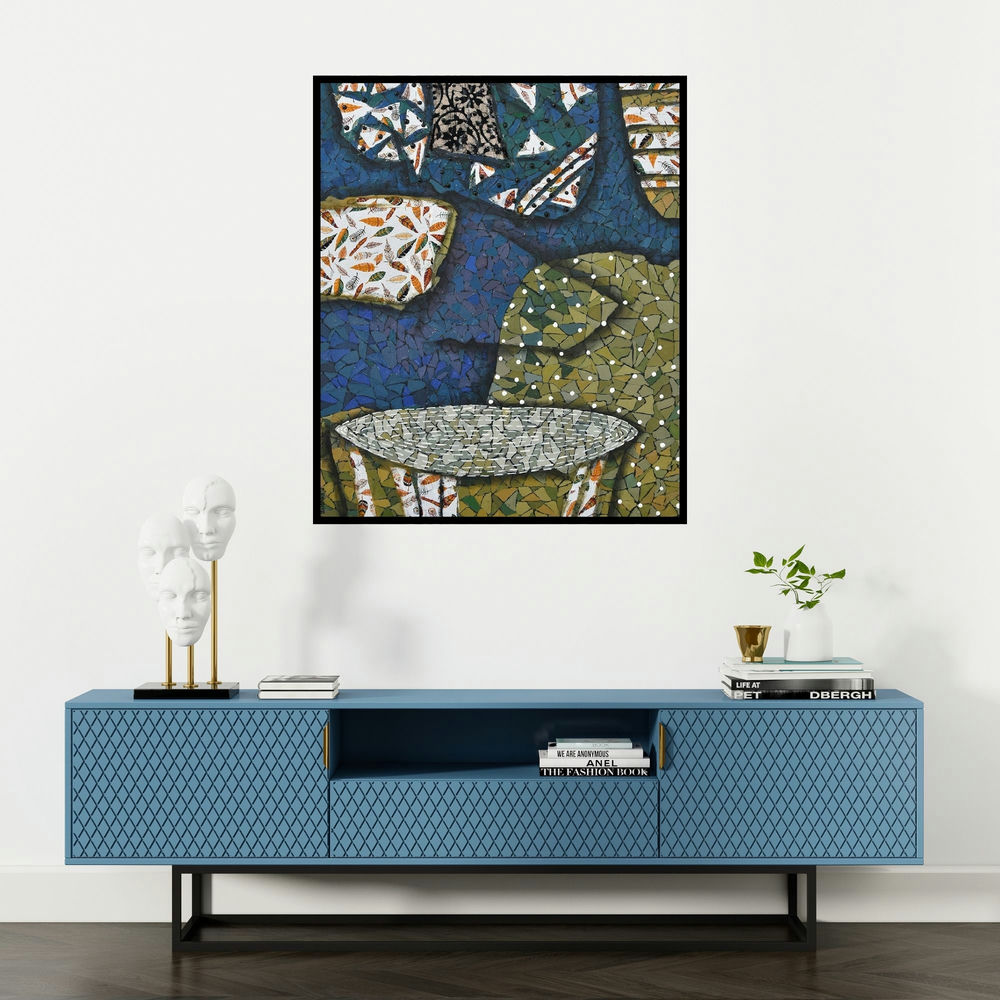 Pravin Randive's 'Neerakar' painting visualized above a sofa in a contemporary room.