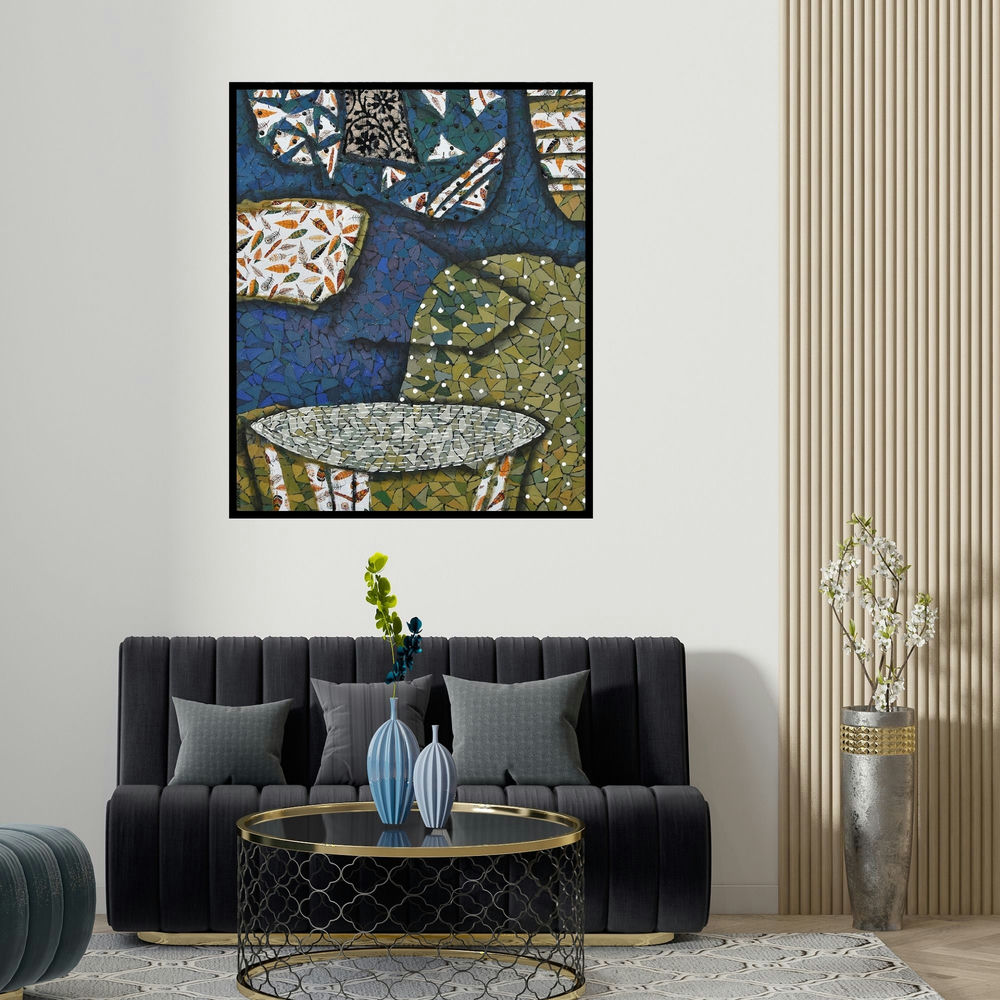'Neerakar' painting by Pravin Randive shown on a wall in a furnished room.