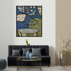 'Neerakar' painting by Pravin Randive shown on a wall in a furnished room.