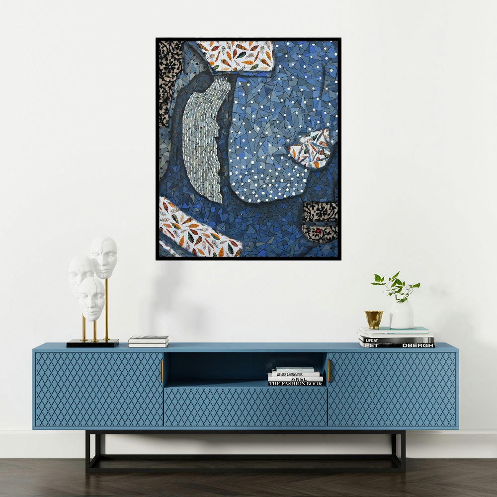 Pravin Randive's 'Neerakarii (Fragments of Memory)' painting visualized above a sofa in a contemporary room.