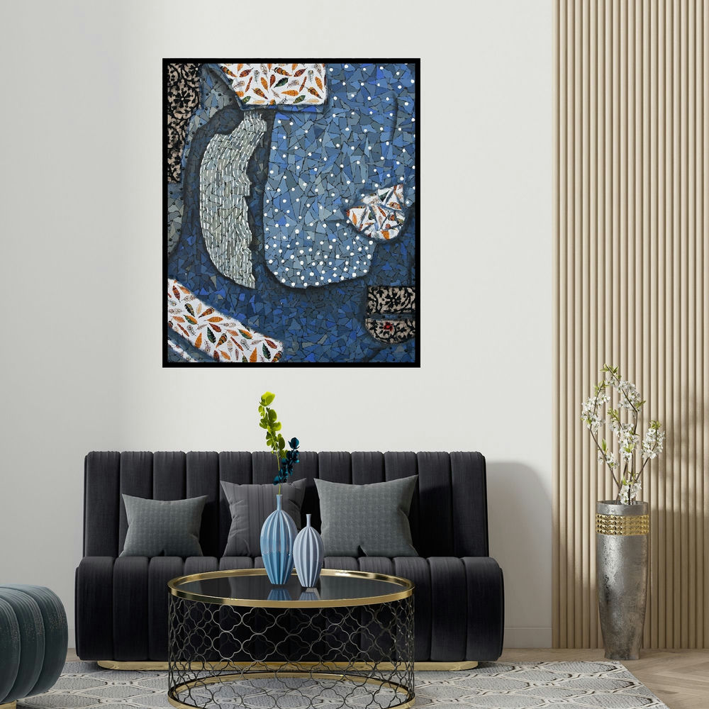 'Neerakarii (Fragments of Memory)' painting by Pravin Randive shown on a wall in a furnished room.