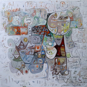 In-situ view of Rajesh Kumar Singh's 'Neolithic Sounds 3 (Cosmic Tapestry)' painting in a room