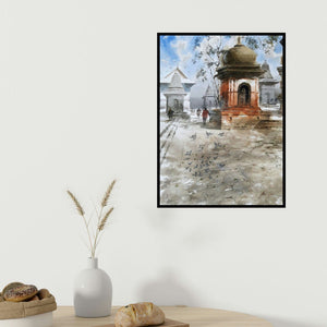 Atul Gendle's 'Nepal Temple (Peaceful Courtyard)' painting visualized above a sofa in a contemporary room.