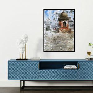 'Nepal Temple (Peaceful Courtyard)' painting by Atul Gendle shown on a wall in a furnished room.