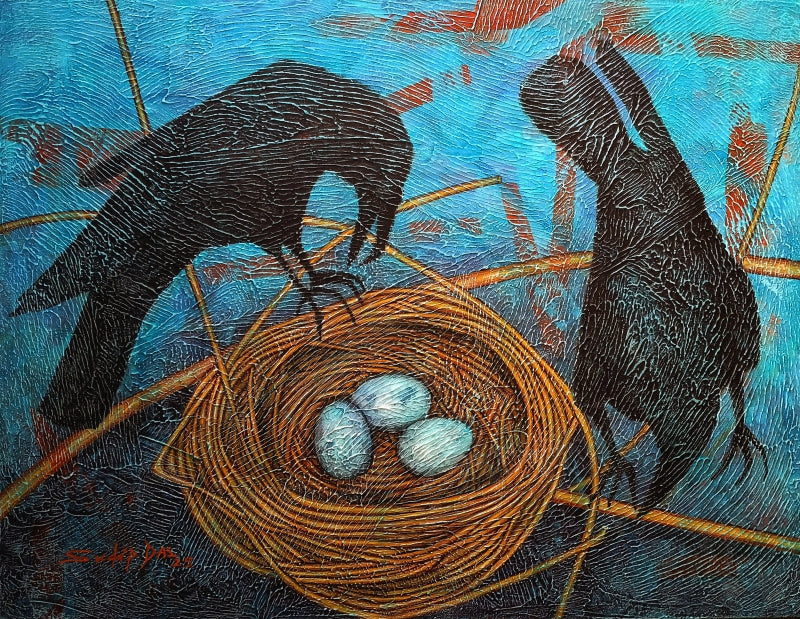 Nest' animals tempera painting by artist Sudip Das, 20x26 inch, on canvas board
