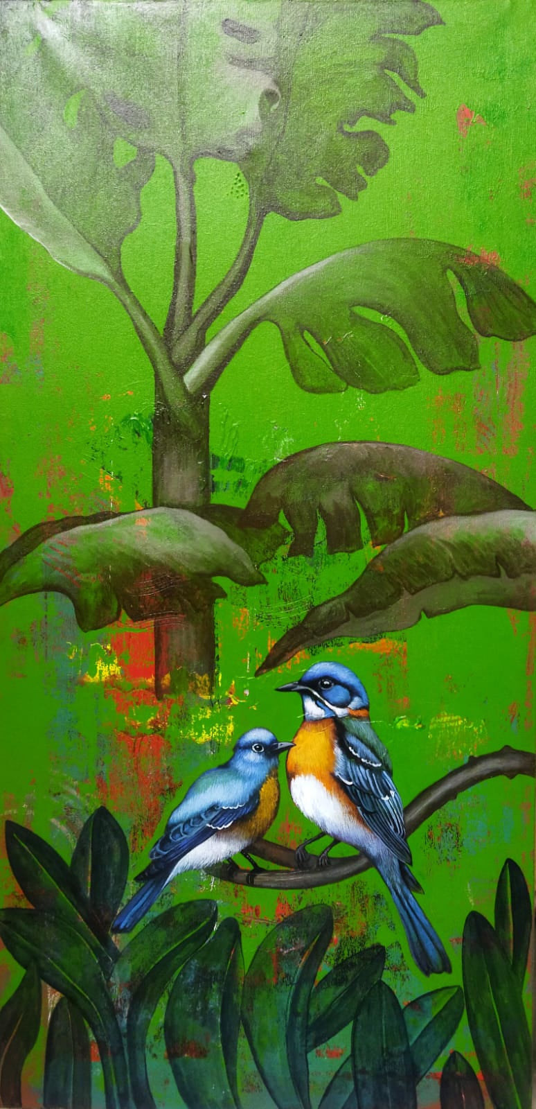 Nesting' animals acrylic painting by artist Shyamali Paul, 40x20 inch, on canvas