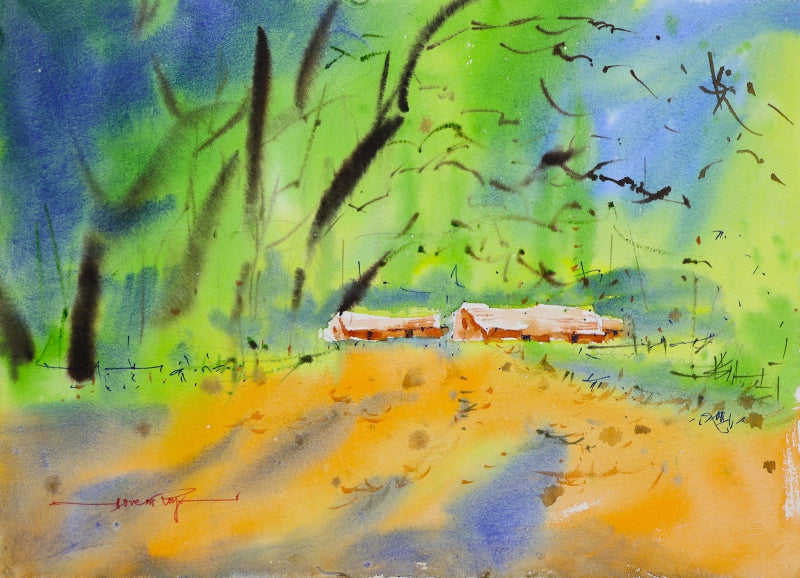 Nestled In Nature' landscape watercolor painting by artist Soven Roy, 10x14 inch, on paper