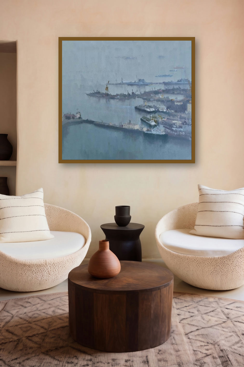 Nevy Dockyard (Morning Haze) by artist Paresh Thukrul displayed in a Boutique gallery