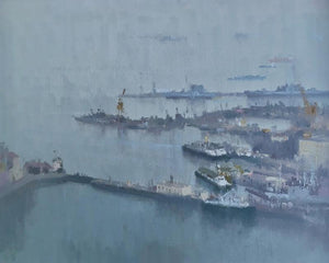 Nevy Dockyard (Morning Haze) by Paresh Thukrul, Original Oil Seascape Painting on Canvas, Small Horizontal Wall Art