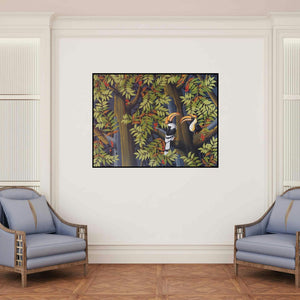 'New Blooming' painting by Varghese Kalathil shown on a wall in a furnished room.