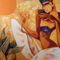 'New Dawn' figurative acrylic painting by artist Laxmi Mysore, 36x36 inch, on canvas