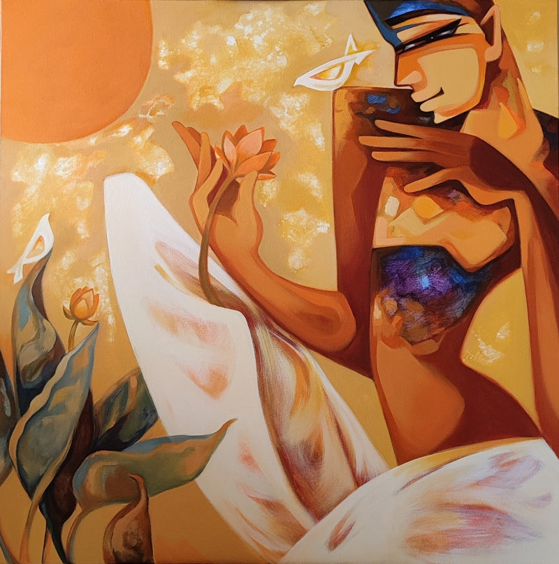 'New Dawn' figurative acrylic painting by artist Laxmi Mysore, 36x36 inch, on canvas