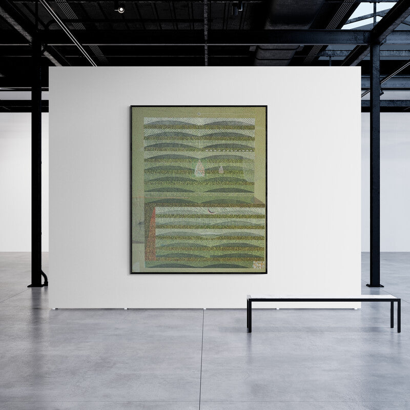 Preview of 'New Identity And New Space 1 (Abstract Landscape in Green and Grey)' Painting by Sunil Yadav shown on a wall in a furnished room.