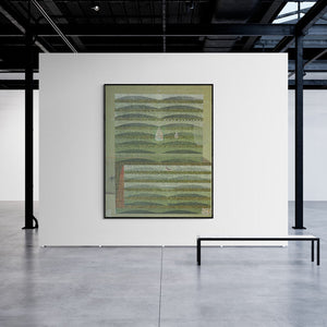 Sunil Yadav's painting 'New Identity And New Space 1 (Abstract Landscape in Green and Grey)' displayed in a modern living room setting