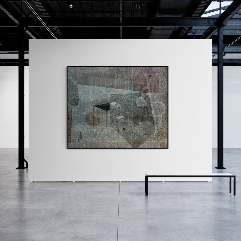 Preview of 'New Identity And New Space 2 (Geometric Abstraction in Grey Tones)' Painting by Sunil Yadav shown on a wall in a furnished room.