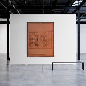 Preview of 'New Identity And New Space 4 (Abstract Composition in Red and Brown)' Painting by Sunil Yadav shown on a wall in a furnished room.