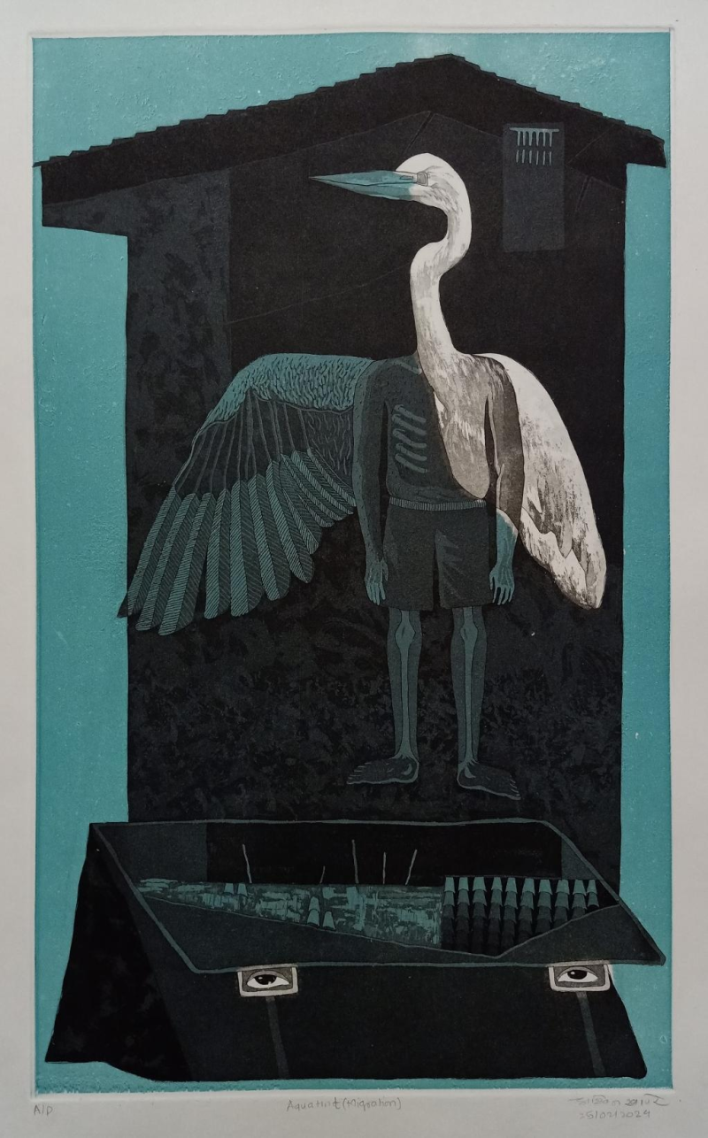 New Lands New Lives Migration Narratives' contemporary mixed-media printmaking by artist Ashwin Khapare, 20x12 inch, on paper