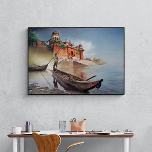 Shyam Verma's painting 'The New Prayag Raj (Chet Singh Ghat, Varanasi)' displayed in a modern living room setting