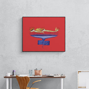 Nitesh Panchal's painting 'New Version Of Bhishm Pitama (The Symbiotic Bloom)' displayed in a modern living room setting