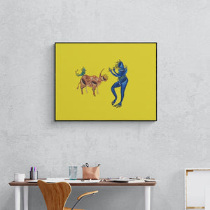 Preview of 'New Version Of Gwala (The Celestial Serenade)' Painting by Nitesh Panchal shown on a wall in a furnished room.