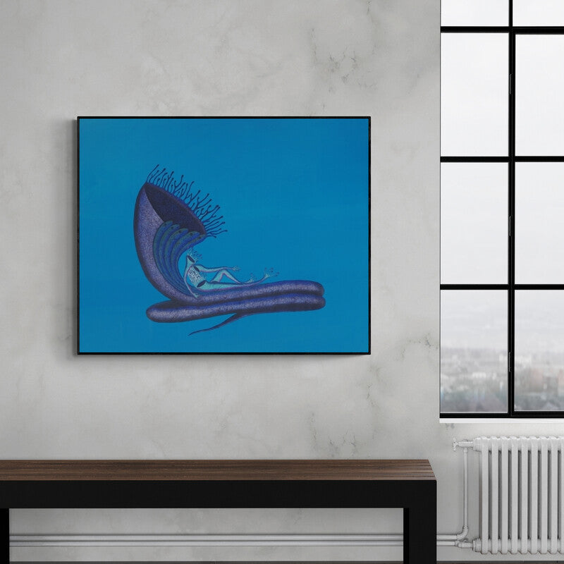 Preview of 'New Version Of Shesh Shayya (The Serpent Throne)' Painting by Nitesh Panchal shown on a wall in a furnished room.