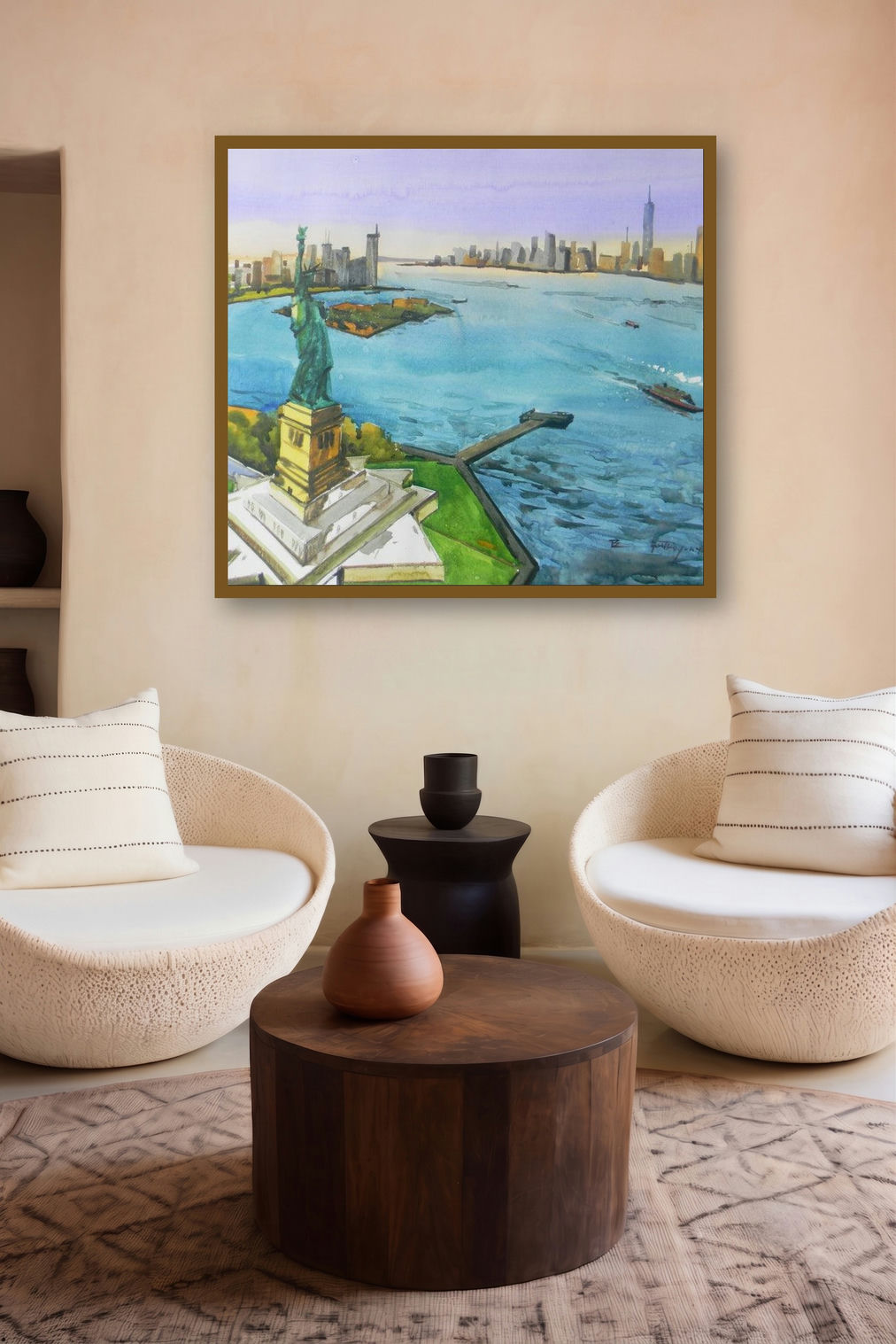 New York (Statue of Liberty and New York City Skyline) by artist Bipul Roy displayed in a Indian Art gallery