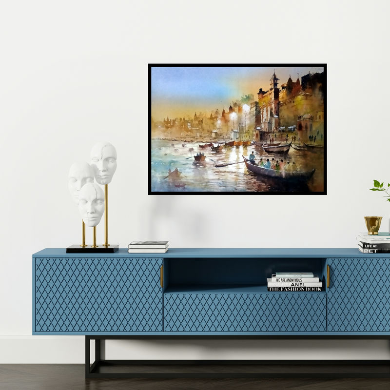 Preview of 'Night At Banaras' Painting by Sanjay Dhawale shown on a wall in a furnished room.