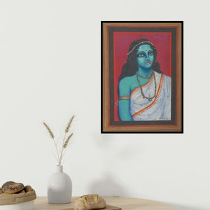 Suparna Dey's 'Nilambari (Serene Beauty)' painting visualized above a sofa in a contemporary room.