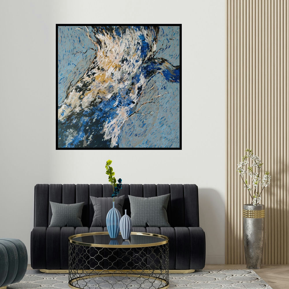 Deepashri Sakat's 'Nilgiri 2 (Winter's Embrace)' painting visualized above a sofa in a contemporary room.