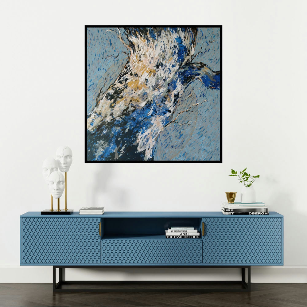 'Nilgiri 2 (Winter's Embrace)' painting by Deepashri Sakat shown on a wall in a furnished room.