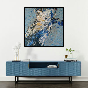 'Nilgiri 2 (Winter's Embrace)' painting by Deepashri Sakat shown on a wall in a furnished room.