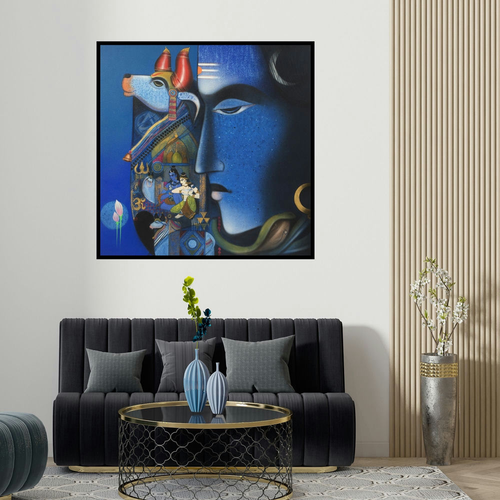 Ashok Rathod's 'Nilkanth (Shiva's Divine Form)' painting visualized above a sofa in a contemporary room.