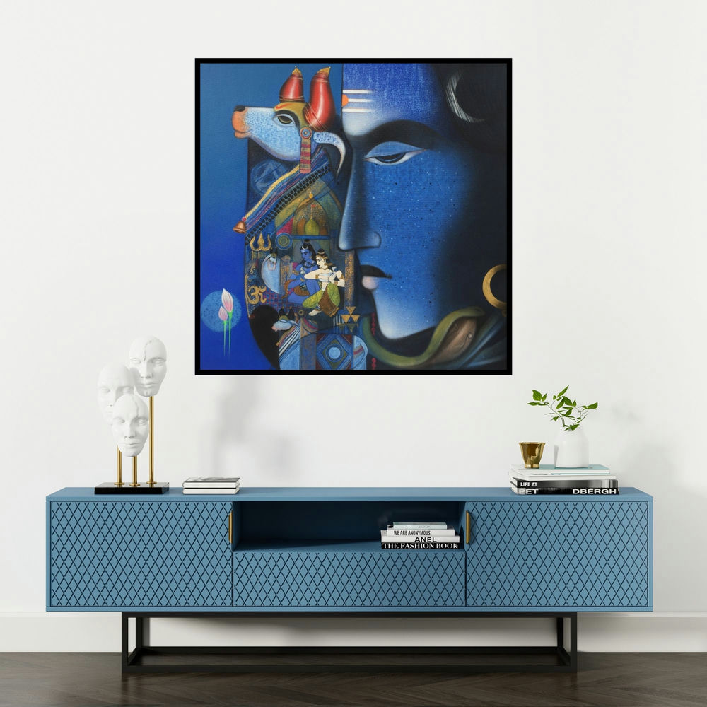 'Nilkanth (Shiva's Divine Form)' painting by Ashok Rathod shown on a wall in a furnished room.