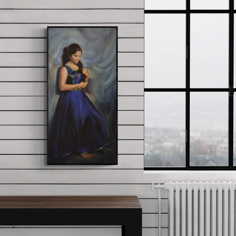 Preview of 'Nilmayi' Painting by Swapniil Paatil shown on a wall in a furnished room.