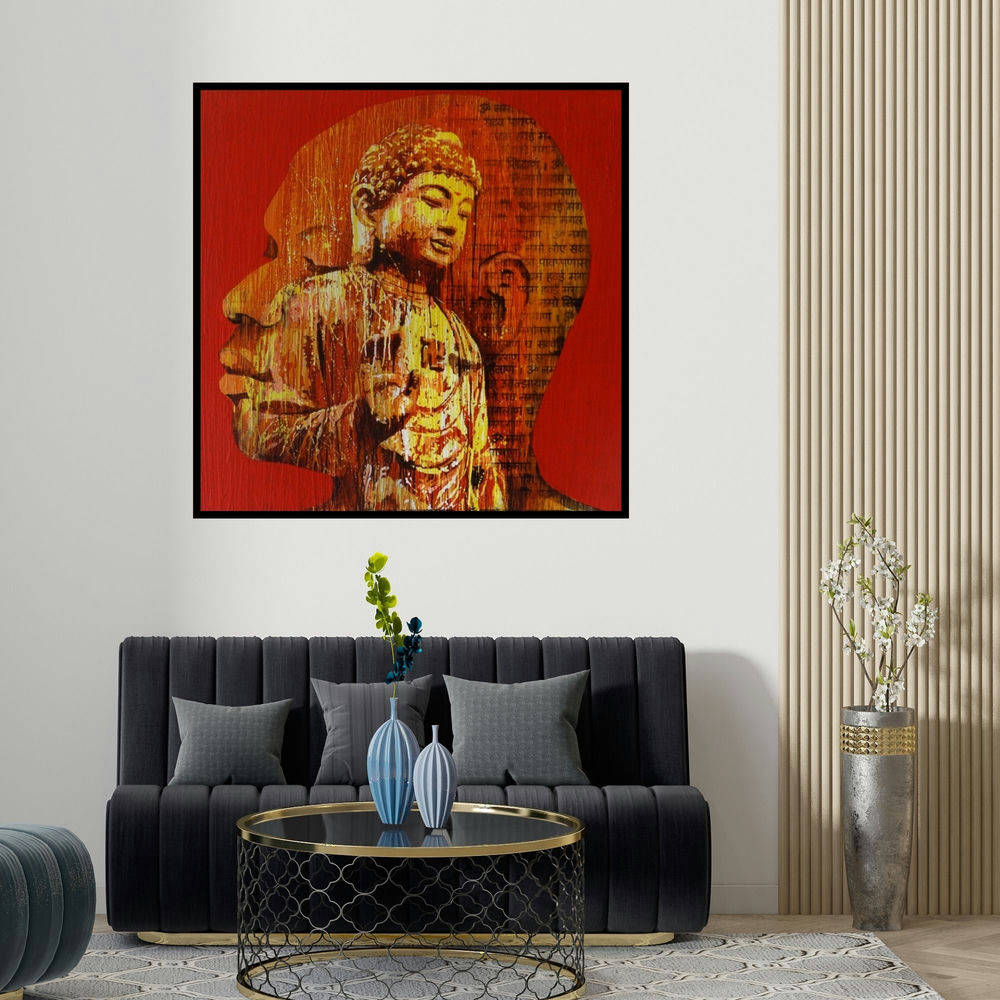 Nayanjeet Nikam's 'Nirvana (Inner Buddha)' painting visualized above a sofa in a contemporary room.