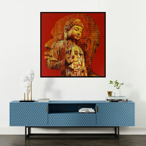 'Nirvana (Inner Buddha)' painting by Nayanjeet Nikam shown on a wall in a furnished room.