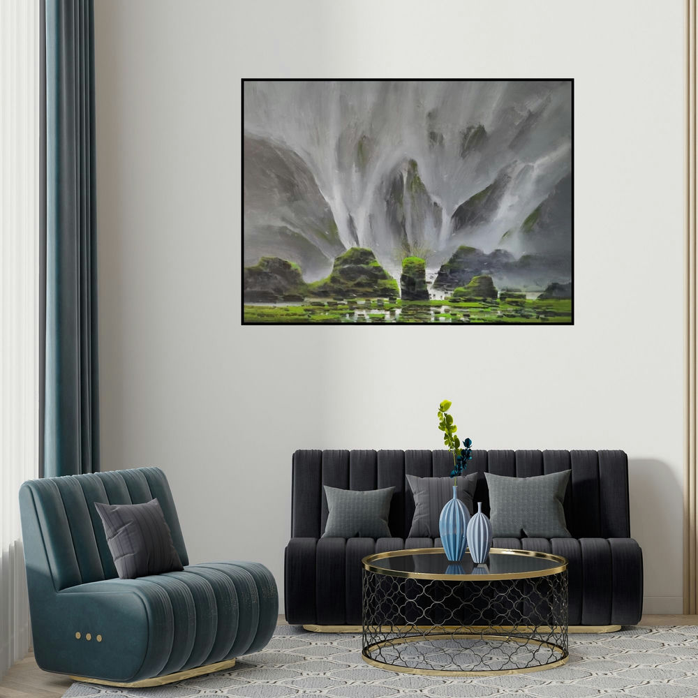 Mangesh Shinde's 'Nivati 3 (Nature's Veil)' painting visualized above a sofa in a contemporary room.