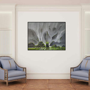 'Nivati 3 (Nature's Veil)' painting by Mangesh Shinde shown on a wall in a furnished room.