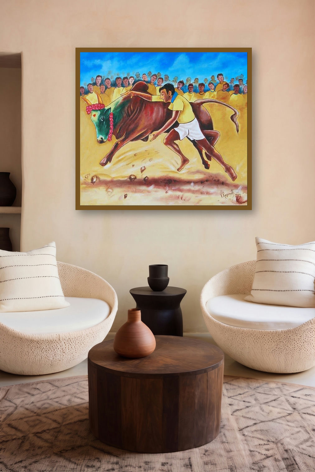 No More Jallikattu In India (A Voice for the Voiceless) by artist Ragunath displayed in a Boutique gallery
