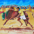 Realistic oil painting titled 'NO MORE JALLIKATTU IN INDIA', 19x17 inches, by artist RAGUNATH on Canvas