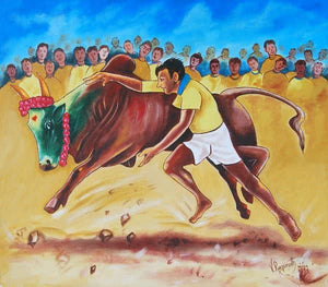No More Jallikattu In India (A Voice for the Voiceless) by Ragunath, Original Oil Realistic Painting on Canvas, Small Horizontal Wall Art